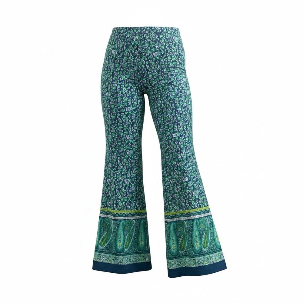New Directions Womens XL Fit and Flare Pants Green Blue Floral Paisley Boho New